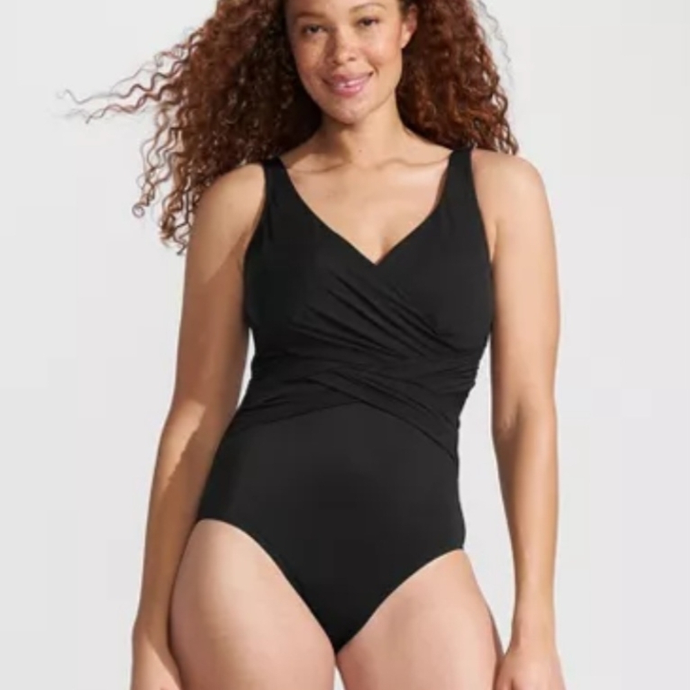 Lands' End Womens Size 10 Black SlenderSuit Wrap One-Piece Swimsuit New